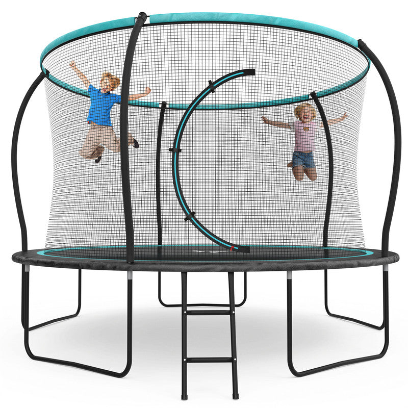 Trampoze 12FT Pumpkin Trampoline for Kids Adults, Outdoor Round Trampoline with Moon Gate Arc Door, Single Pole Curved Top Rail, Heavy Duty Galvanized Frame 330LB, Black Blue