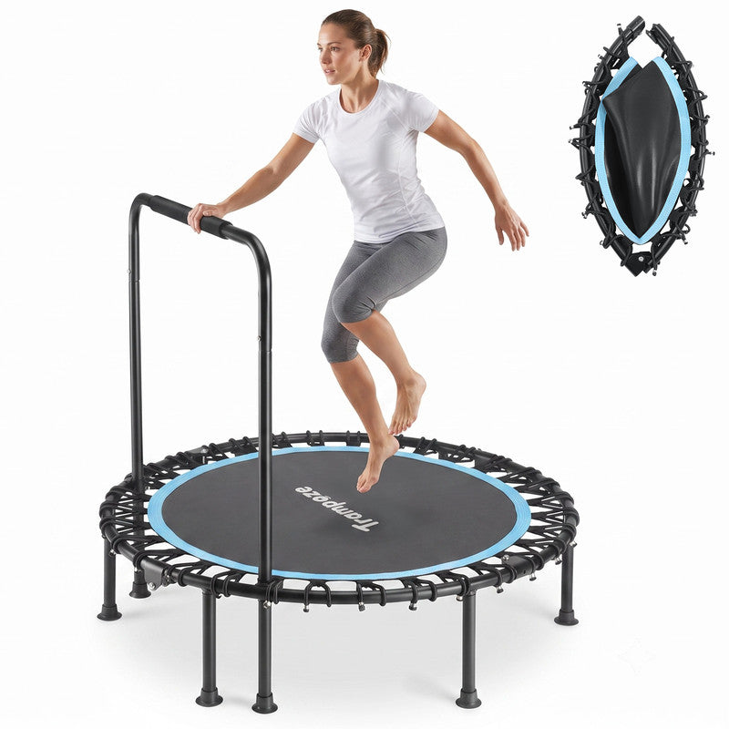 Trampoze 40" Fitness Mini Trampoline Rebounder, 330 LBS Foldable with Adjustable Foam Handrail, Silent Blue Exercise Trampoline for Adults Indoor Outdoor Workout