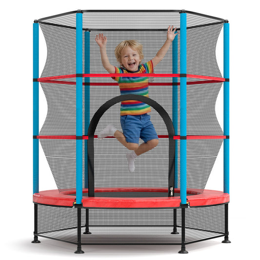 Trampoze 55" Foldable Recreational Trampoline with Safety Enclosure Net, 330LBS Steel PP Mat Indoor Outdoor for Kids Adults, Red Blue