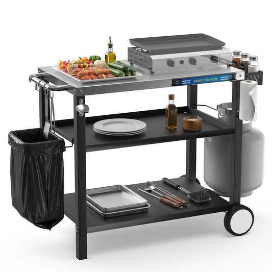 FLARO Outdoor Grill Cart, 38×20 in Heavy Duty Griddle Stand, Bbq Prep Table With Storage and Wheels, Rustproof Silver