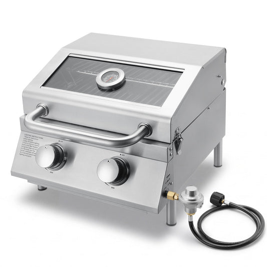 FLARO 2-Burner Tabletop Propane Gas Grill, Dual Fuel Adapter 15000 BTU 290 Sq.In Stainless Steel Portable Bbq for Outdoor Camping Rv Patio, Silver