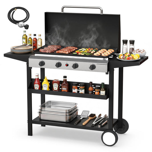 FLARO 4-Burner Propane Gas Griddle 60000 BTU Flat Top Grill with Hood Side Shelves Wheels Outdoor Bbq Camping Backyard Silver